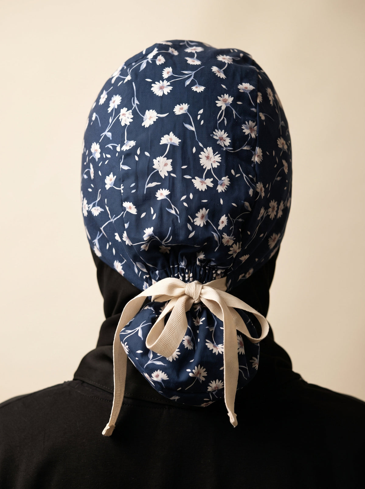 navy color with white floral pattern and white ties